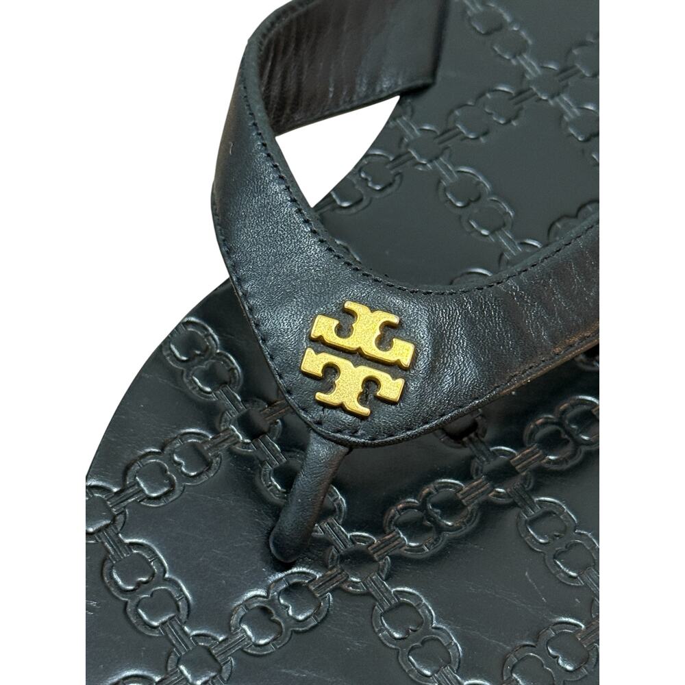 Tory Burch Monroe Leather Thong Sandals Women's Size 7 Black Gold Logo - Picture 5 of 5